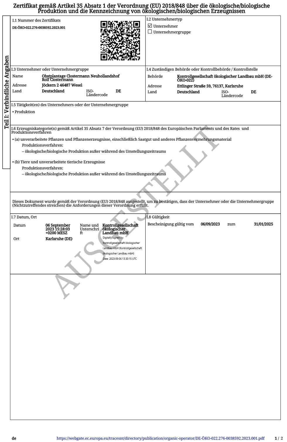 Bio Zertifikat, Obstplantage Clostermann Neuhollandshof, Rolf Clostermann bis 31.01.2025