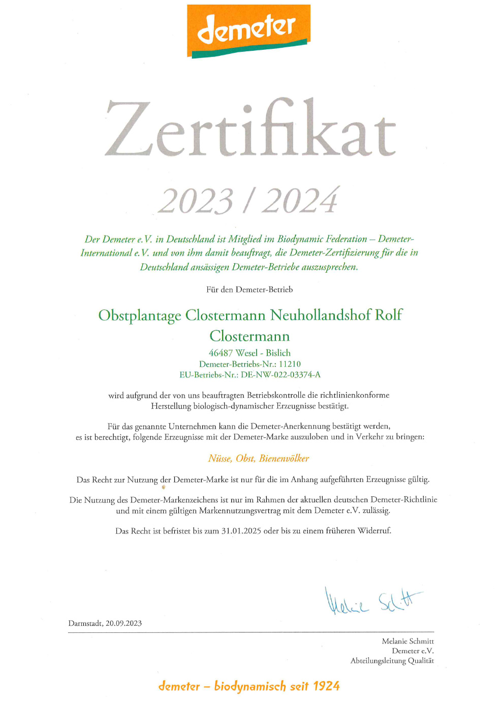 Demeter Zertifikat, Obstplantage Clostermann Neuhollandshof, Rolf Clostermann bis 31.01.2025