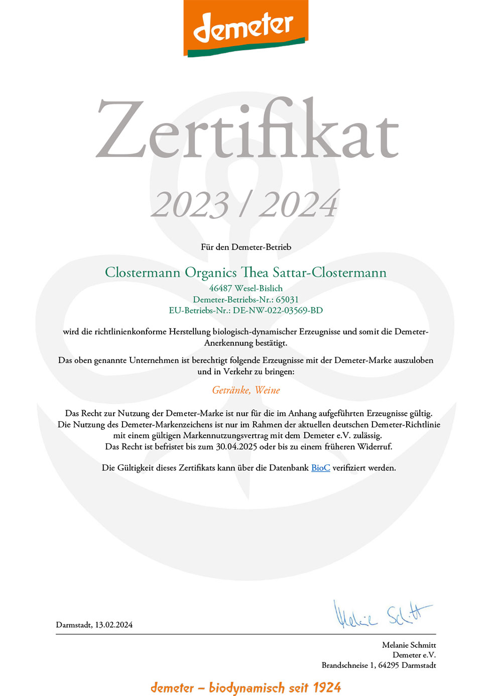 Demeter Zertifikat 2023/2024 Thea Clostermann