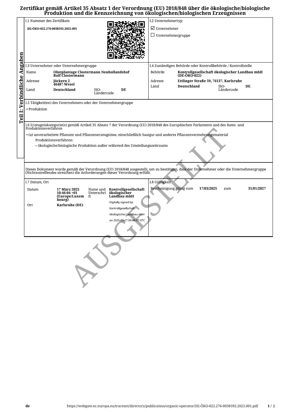 Bio Zertifikat Rolf Clostermann bis 01/2027