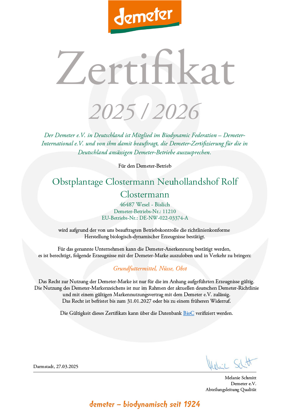 Demeter Zertifikat Rolf Clostermann bis 01/2027