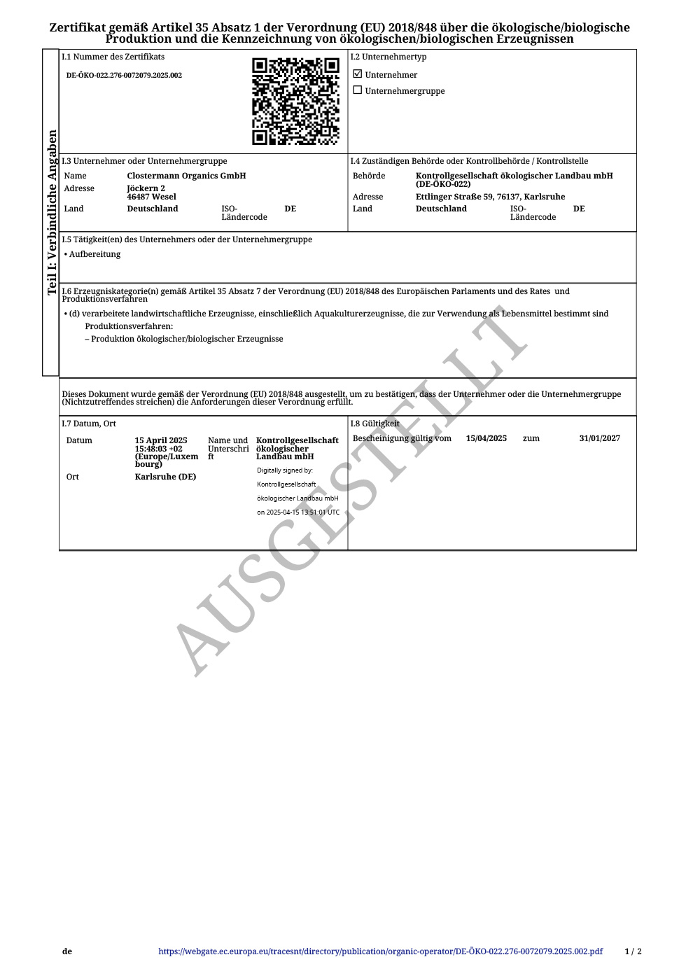 EU BIO Clostermann Organics GmbH - DE-ÖKO-022 Zertifikat Clostermann Organics GmbH EU Bio - DE ÖKO